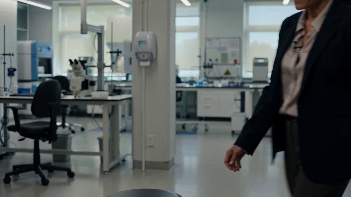 현대적인 과학 연구소 안에서 촬영된 포토리얼리스틱 15초 관찰 다큐멘터리 인터뷰를 만들어라. 영상은 전문 다큐멘터리 촬영팀이 담아낸 진짜 비하인