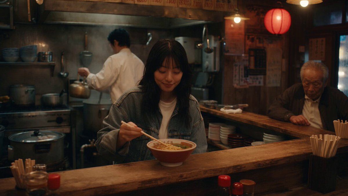 스타일: 포토리얼리스틱한 시네마틱 리얼리즘. 비좁고 분위기 있는 도쿄의 심야 라멘집 — 국물 냄비에서 피어오르는 김, 붉은 종이 등, 낡은 나무