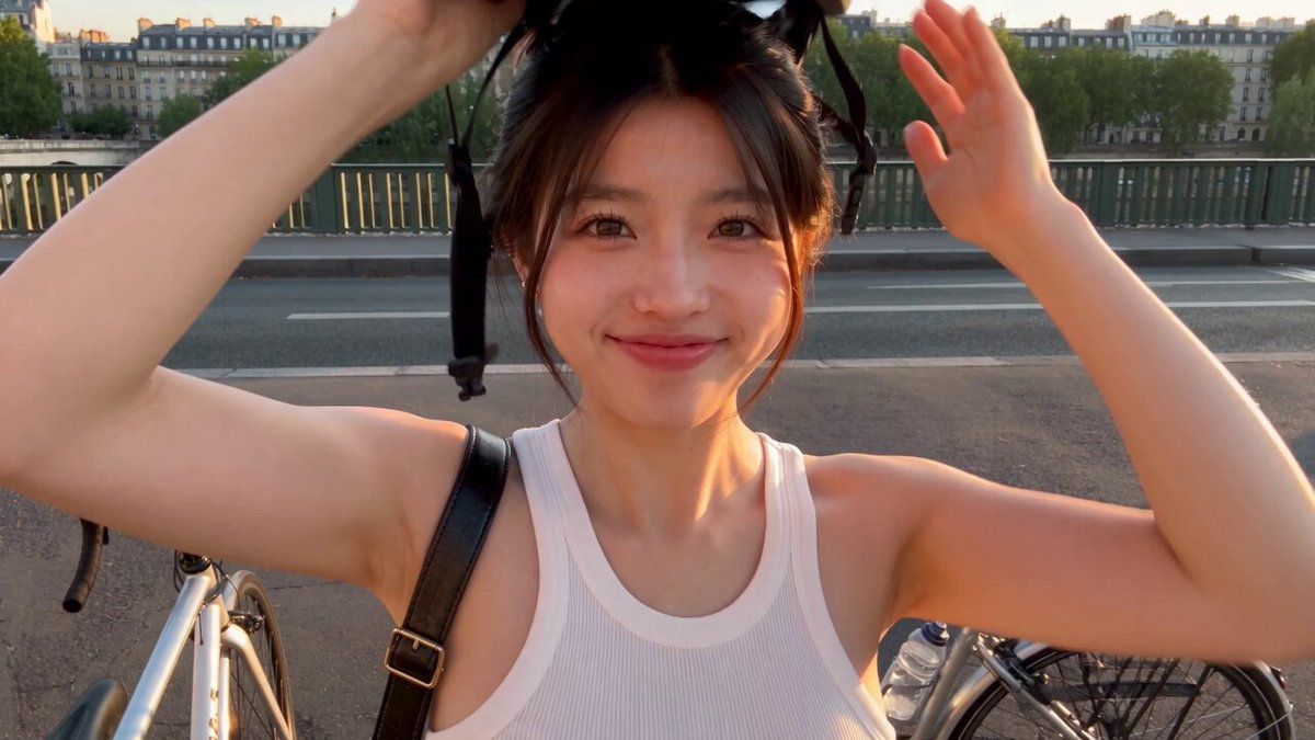 내가 사용한 프롬프트: 리얼한 스마트폰 여행 브이로그. 한 젊은 여성이 일출 무렵 이른 아침 자전거 라이딩을 시작한다. 그녀는 카메라를 향해 미