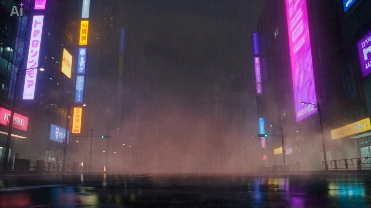 프롬프트: [전역 설정] 기본 환경과 질감: 밤의 네온으로 물든 사이버펑크 도시 풍경, 홀로그램 간판이 달린 거대한 마천루들, 보라색과 청록색 