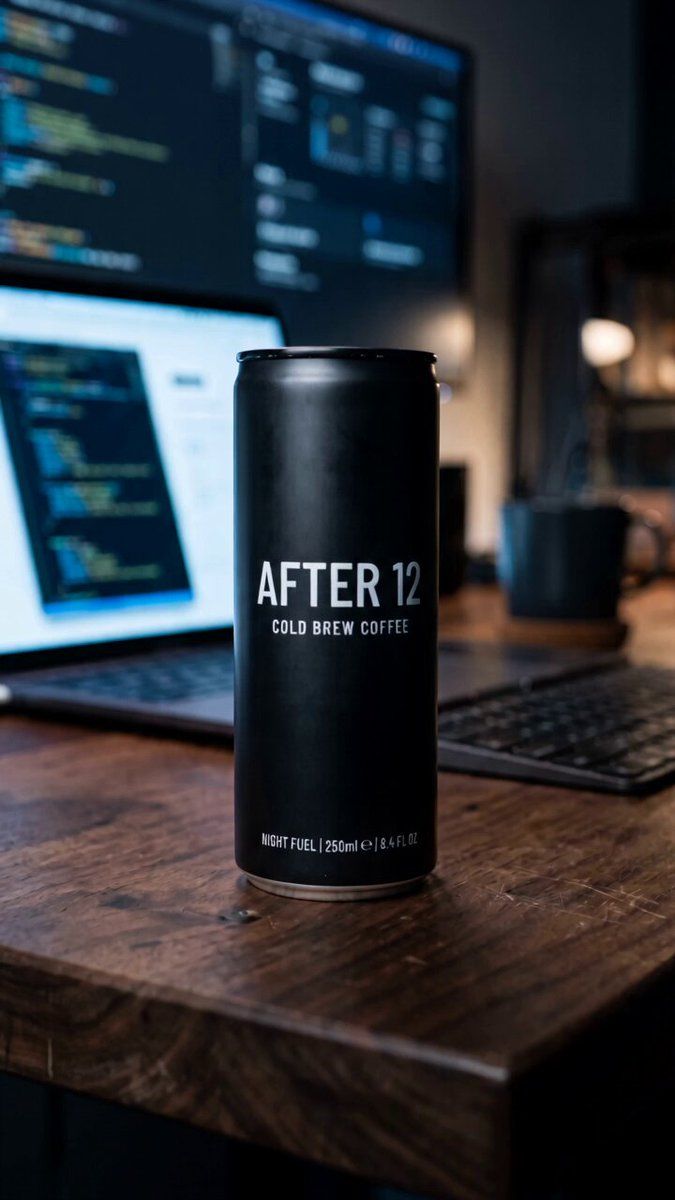 테스트 삼아 AFTER 12라는 브랜드를 만들어봤다. 다들 잠든 밤에도 여전히 일하는 사람들을 위한 블랙 콜드브루. 이게 그때 사용한 프롬프트였